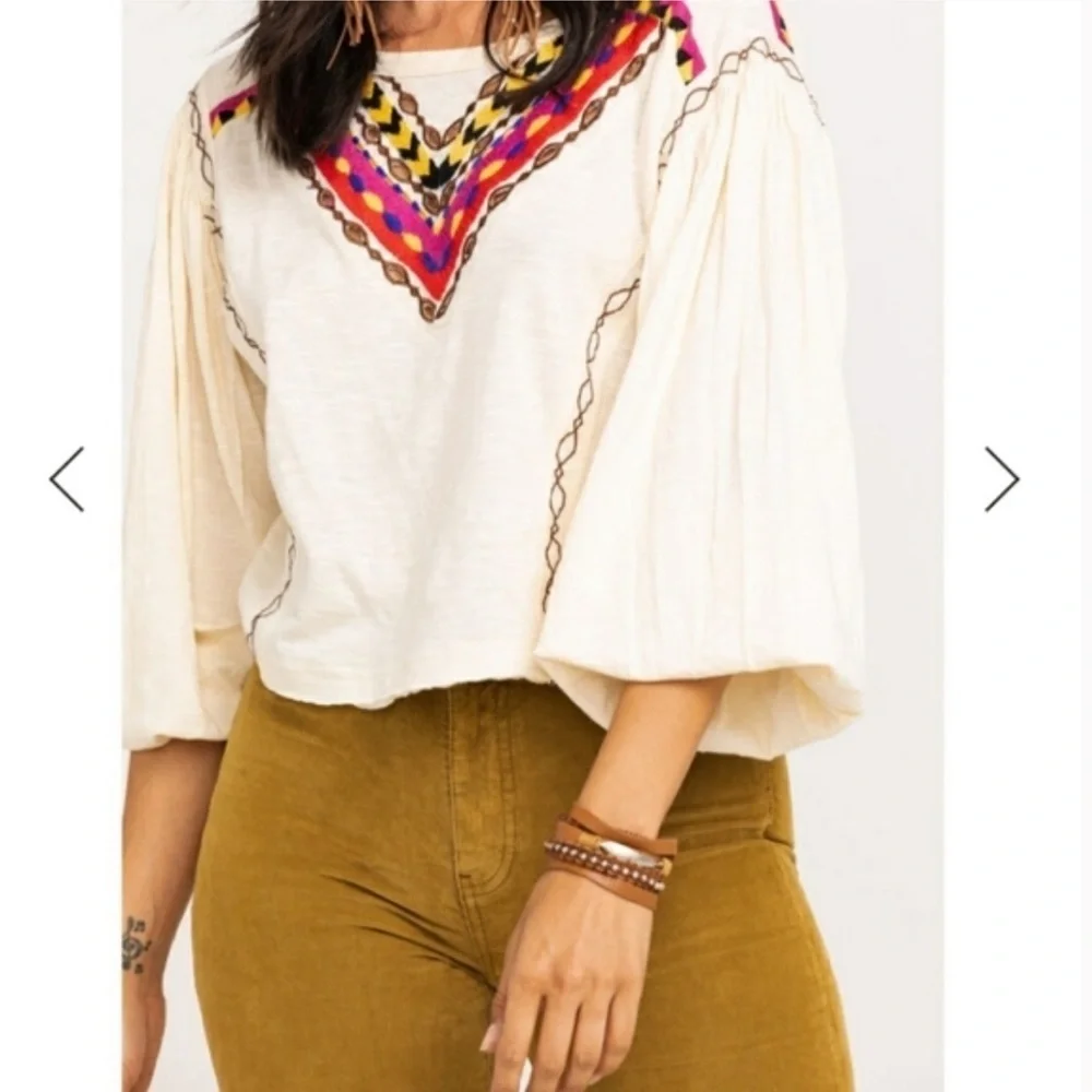 Free People Boho Embroidered Long Sleeve Hand Me Down Top